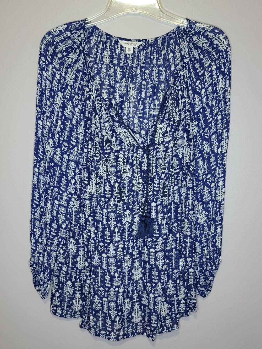 Lucky Brand Blue & White Boho Peasant Blouse 1X Tassel Tie Long Sleeve Plus Size